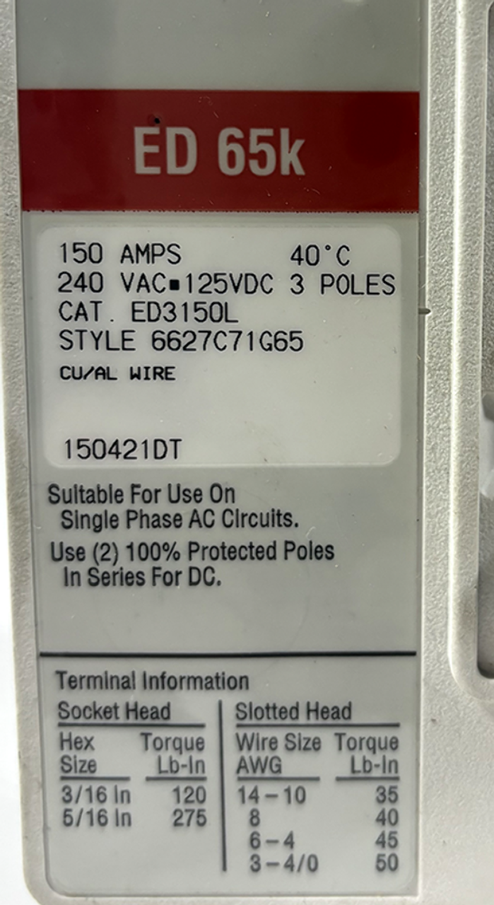 Eaton ED3150L Circuit Breaker | 150A | 240V AC | 125V DC | 3-Pole | 65kAIC | Series C