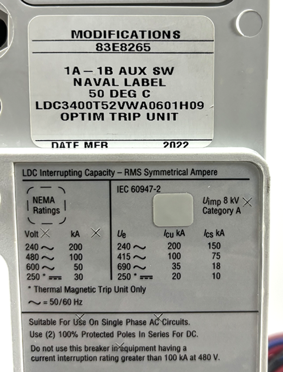 Eaton LDC3400T52VWA0601H09 Breaker 400A 3P 200kA at 240V W/Trip Unit and Auxiliary