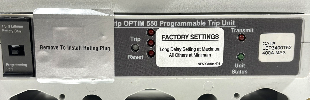 Eaton LDC3400T52VWA0601H09 Breaker 400A 3P 200kA at 240V W/Trip Unit and Auxiliary