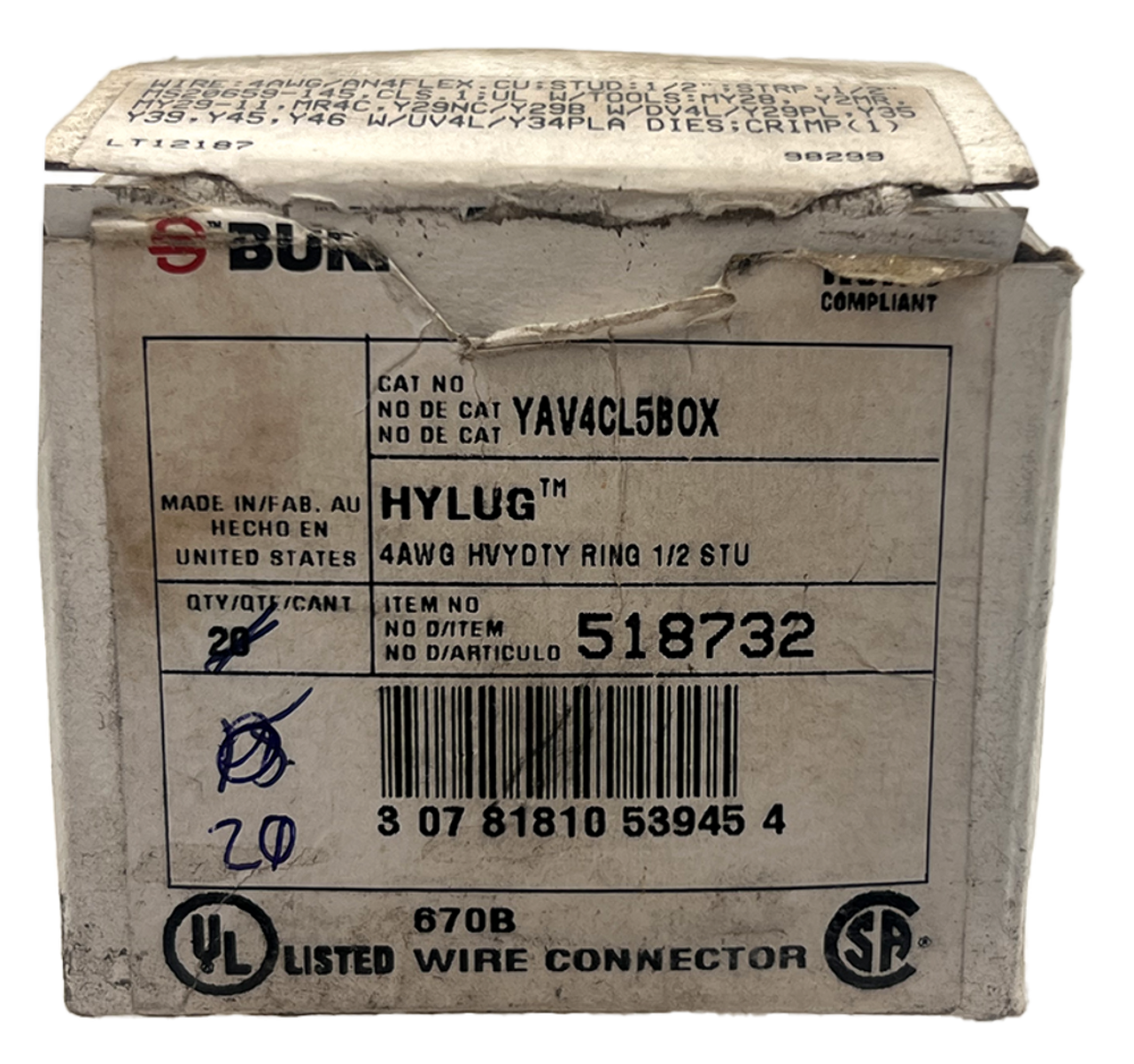 Burndy YAV4CL5BOX Ring Terminal 4 AWG 1-Hole 1/2 Inch Stud Non-Insulated Tin Plated Copper 20/PKG