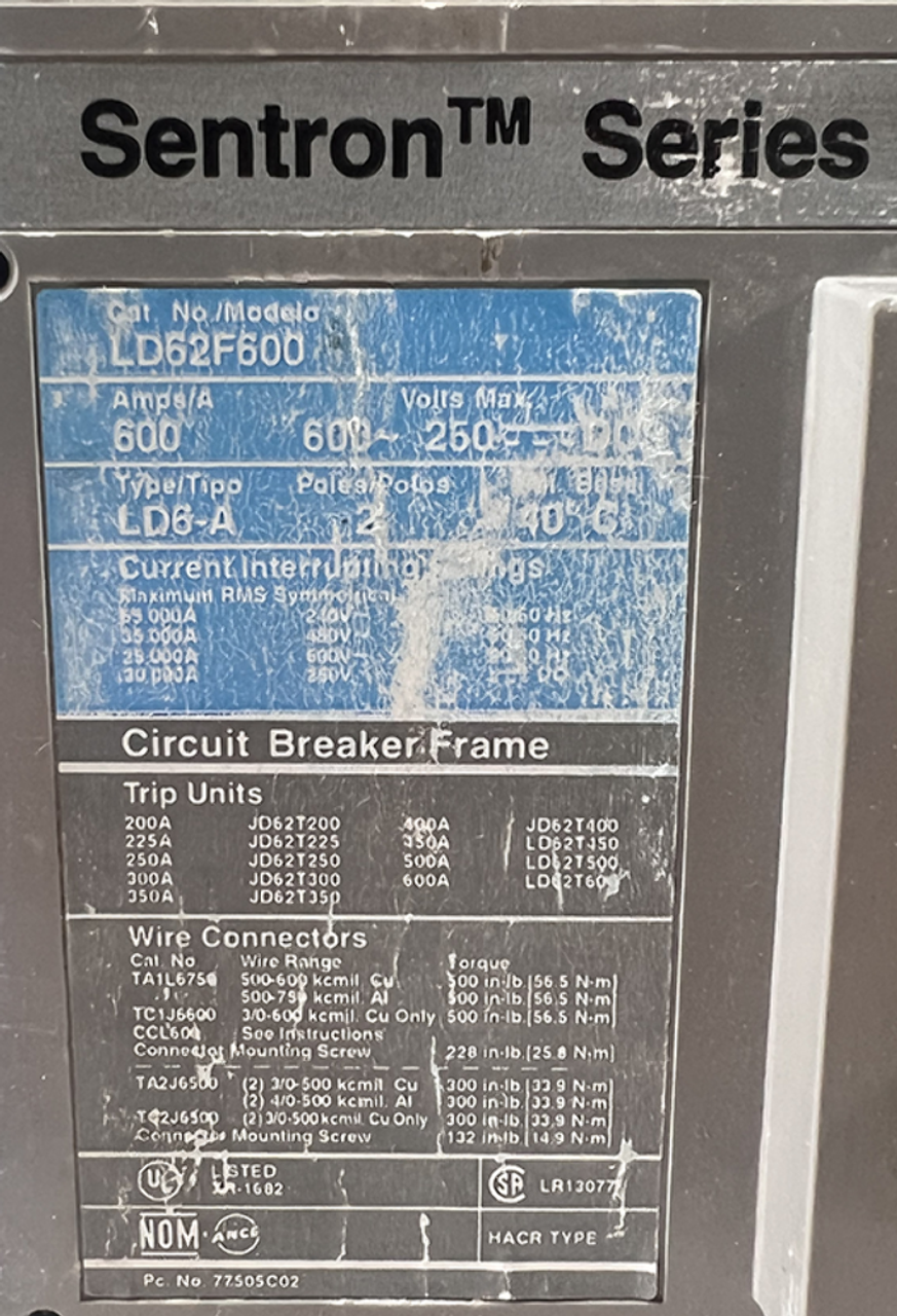Siemens LD62F600 Breaker 600A 600V 2P Type LD6-A
