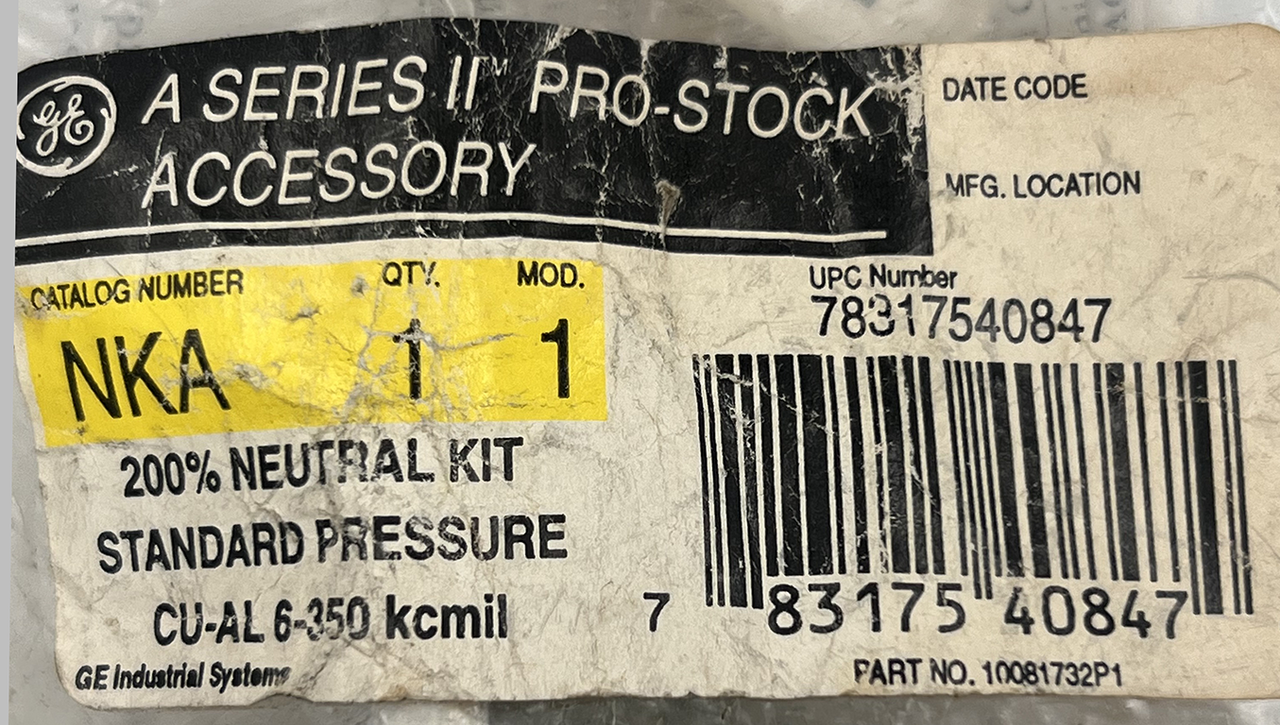 General Electric NKA Panelboard Lug Kit 225A 200% Neutral Pressure Type For A-Series II Pro-Stock
