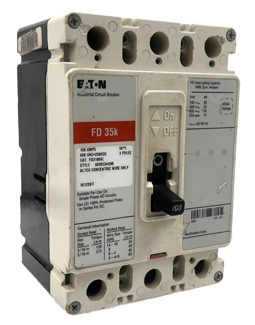 Eaton FD3100VL Breaker 100A 600V 3P 18kA Fixed Thermal Fixed Magnetic Trip