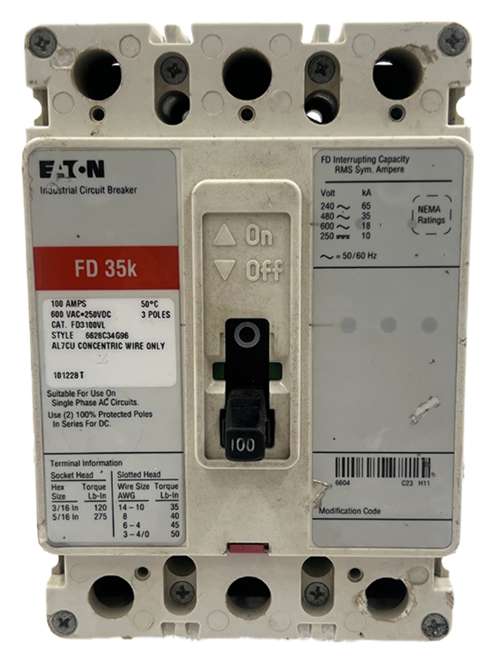 Eaton FD3100VL Breaker 100A 600V 3P 18kA Fixed Thermal Fixed Magnetic Trip