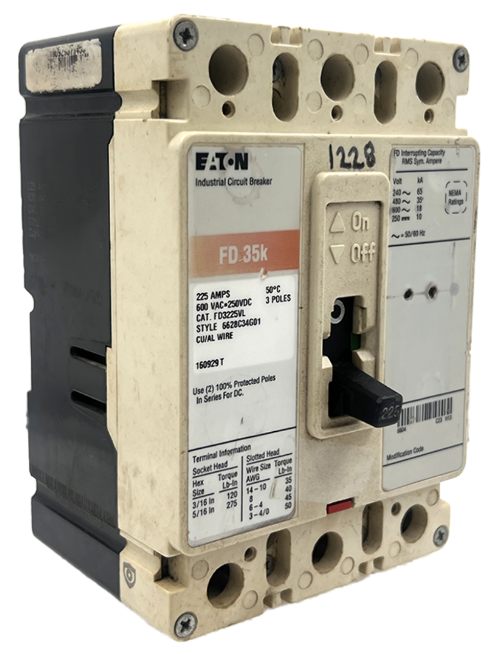 Eaton FD3225VL Breaker 225A 600V 3P 18kA Fixed Thermal Fixed Magnetic