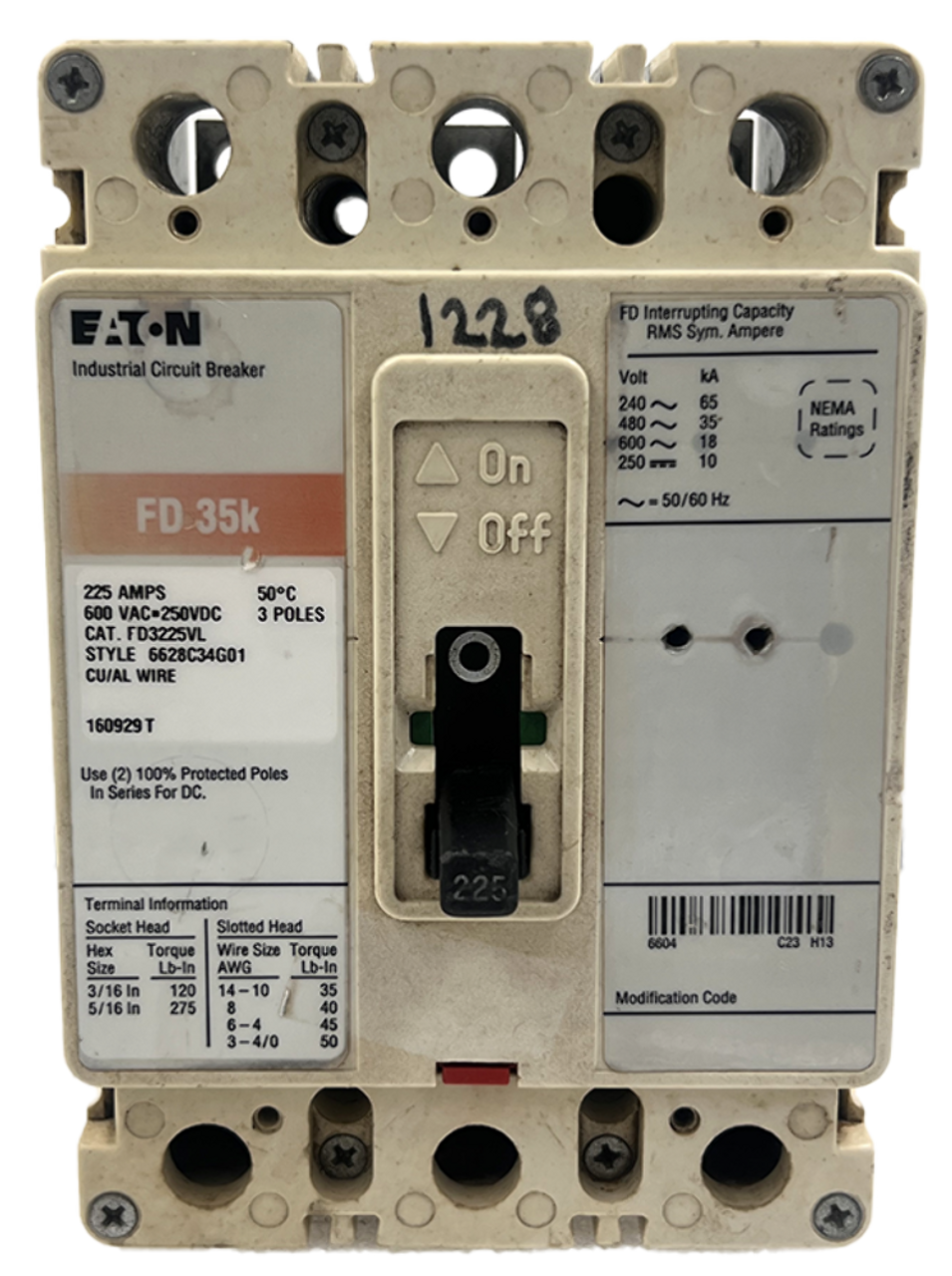 Eaton FD3225VL Breaker 225A 600V 3P 18kA Fixed Thermal Fixed Magnetic