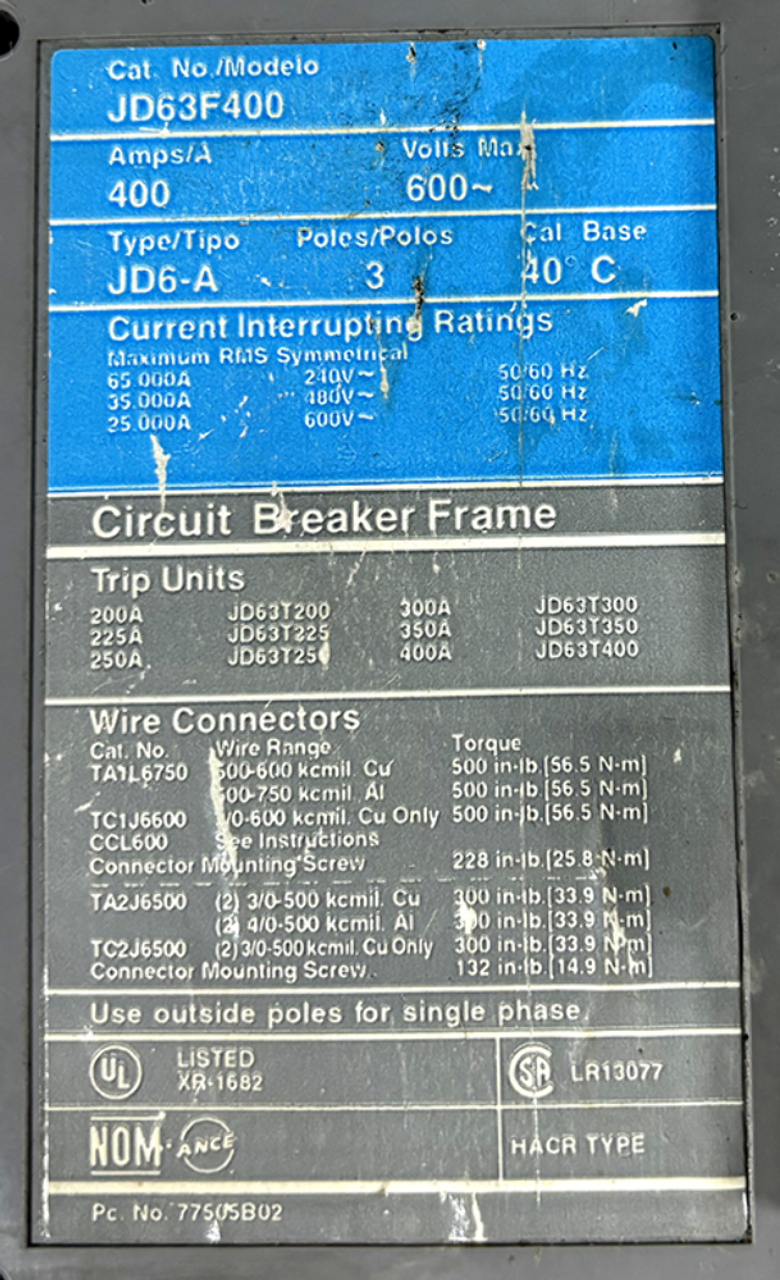 Siemens JD63F400 Circuit Breaker 400A 600V 3P 25kA W/Shunt Trip S01JLD6