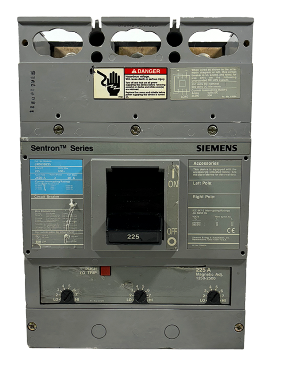 Siemens JXD63B225 Sentron Circuit Breaker | 225A | 3-Pole | 600V AC | 25kA | Thermal Magnetic Siemens JXD63B225 Sentron Circuit Breaker | 225A | 3-Pole | 600V AC | 25kA | Thermal Magnetic