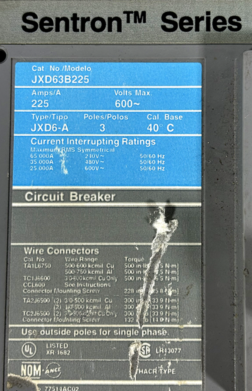 Siemens JXD63B225 Sentron Circuit Breaker | 225A | 3-Pole | 600V AC | 25kA | Thermal Magnetic Siemens JXD63B225 Sentron Circuit Breaker | 225A | 3-Pole | 600V AC | 25kA | Thermal Magnetic