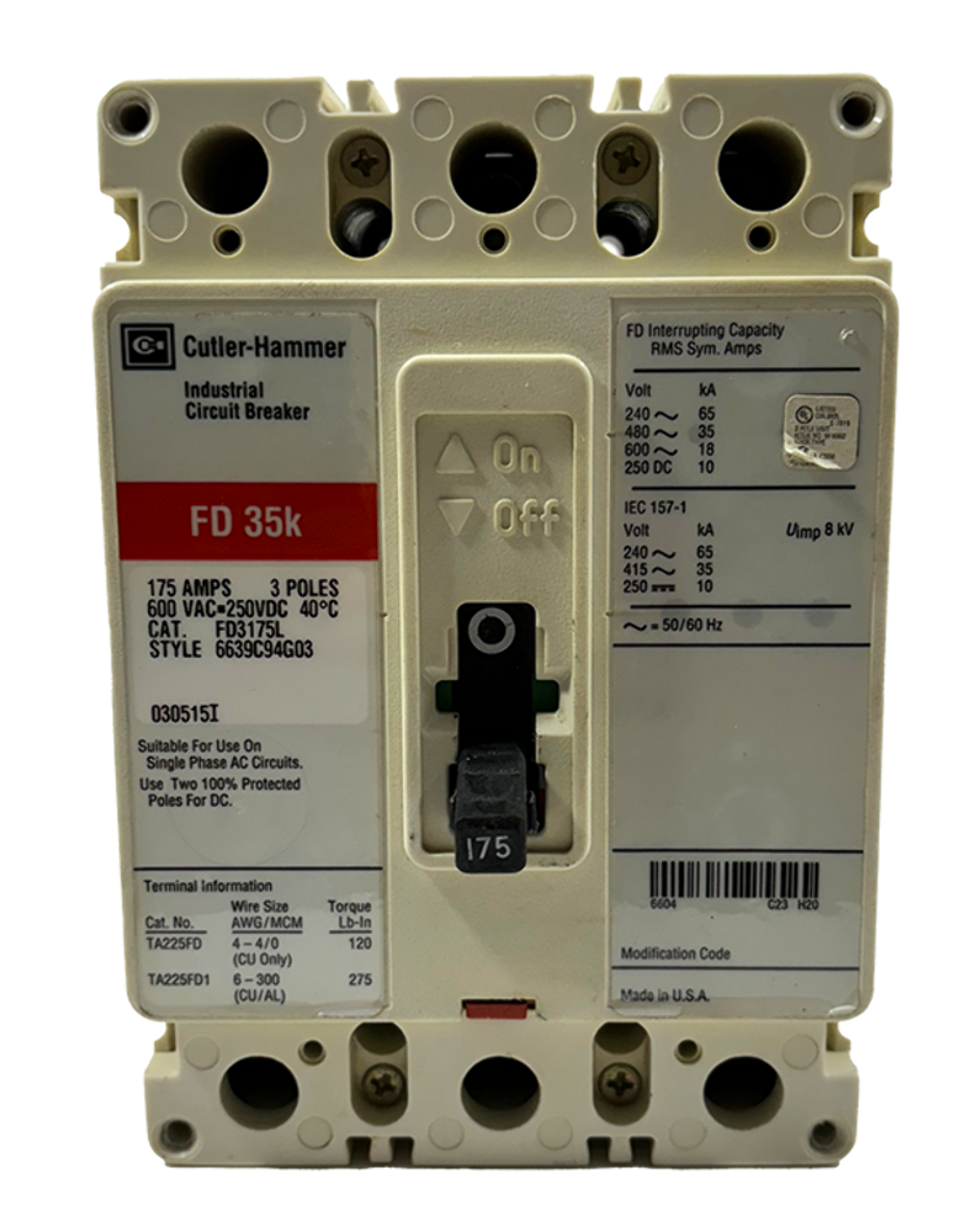 Cutler-Hammer FD3175L Breaker 175A 600V 3P 18kA W/ A1X1PK Auxiliary Switch