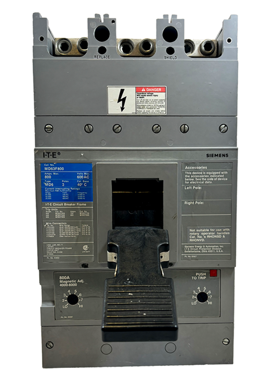 Siemens MD63F800 Breaker 800A Frame 600V 3P 25kA W/ 800A MD63T800 Trip Unit