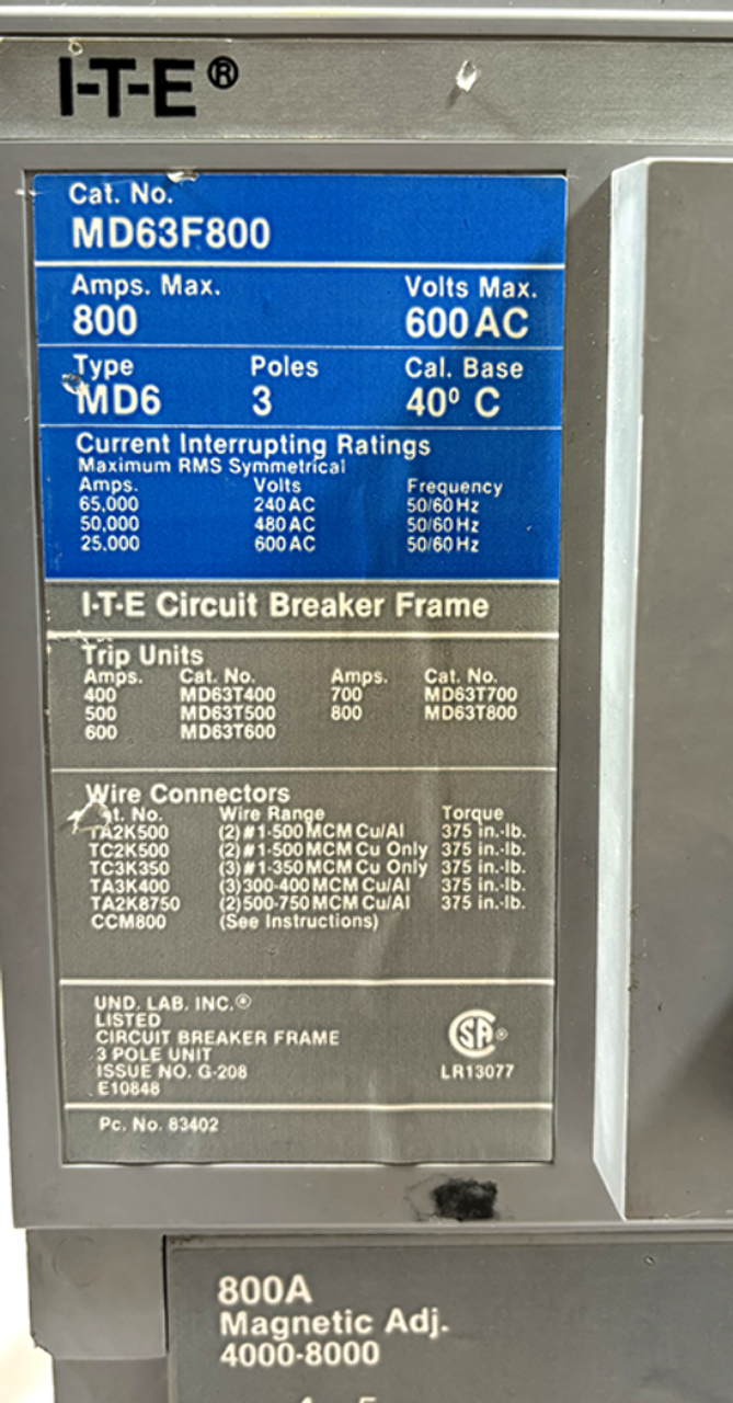 Siemens MD63F800 Breaker 800A Frame 600V 3P 25kA W/ 800A MD63T800 Trip Unit