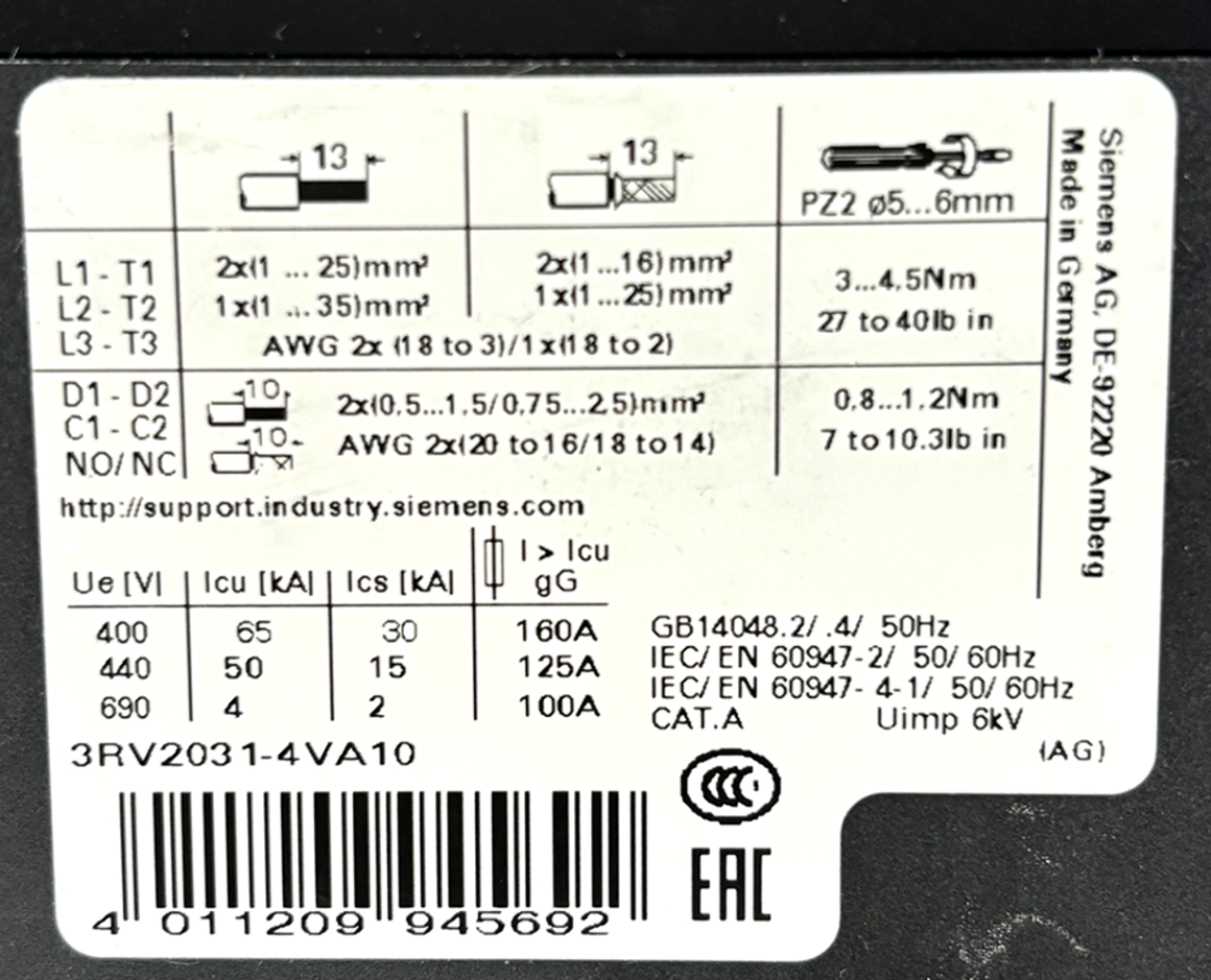 Siemens 3RV2031-4VA10 Motor Protection Circuit Breaker 35-45A 690V 3P 4kA