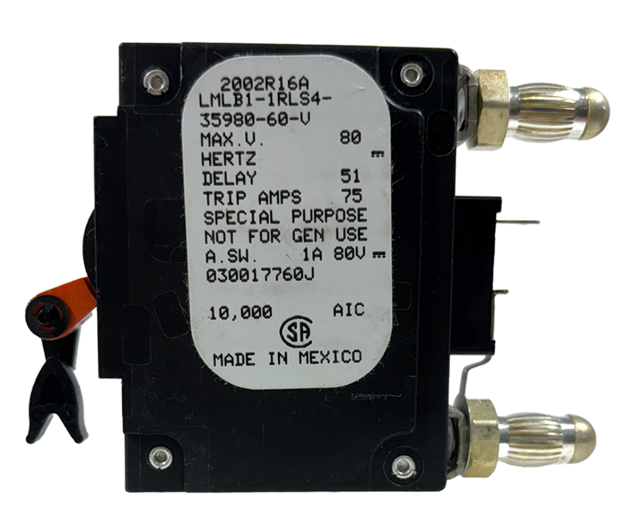 Airpax LMLB1-1RLS4-35980-60-V Breaker 60A 80V 1P 10kA Plug-In Bullet Style