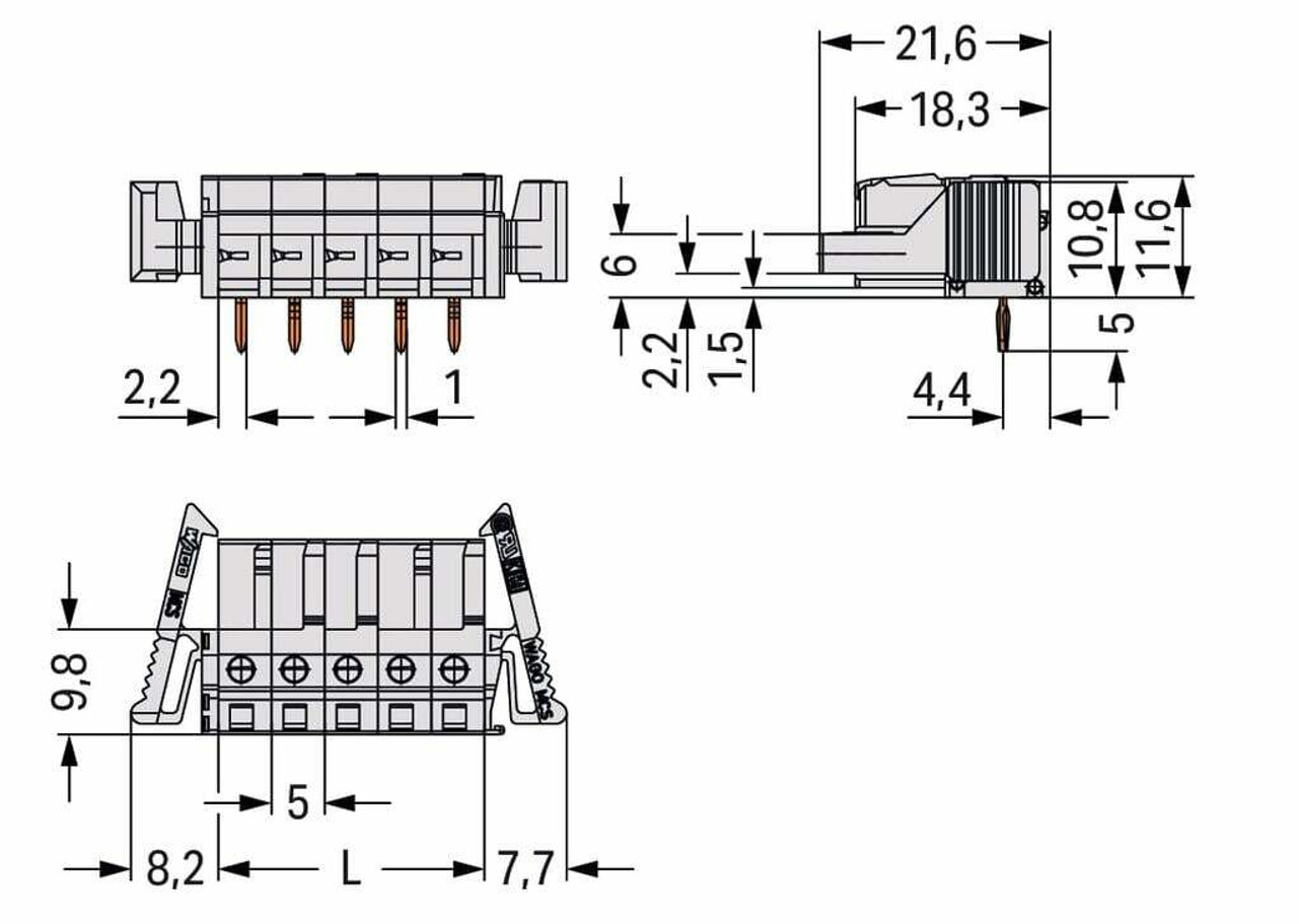WAGO 722-235/039-000 THT Female Header Angled 5mm Pin spacing 5P