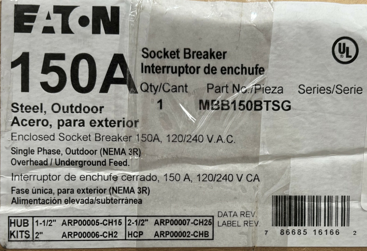 Eaton MBB150BTSG Residential Meter Breaker 150A 120/240V 22kA 4-Jaw 1PH NEMA 3R