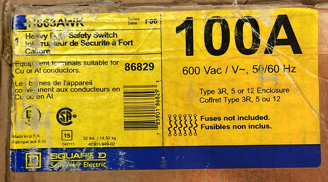 Square D H663AWK Fusible Disconnect 100A 600V 6P 75HP NEMA 3R/12 Heavy Duty