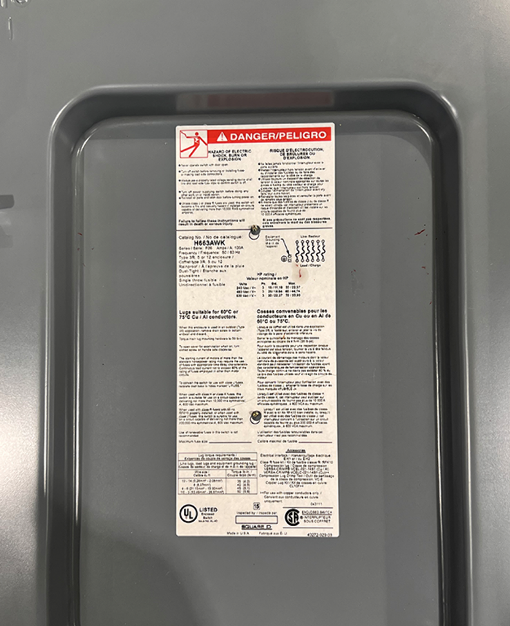 Square D H663AWK Fusible Disconnect 100A 600V 6P 75HP NEMA 3R/12 Heavy Duty