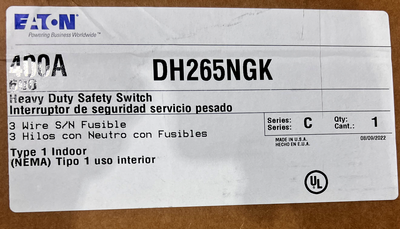 Eaton DH265NGK Fusible Disconnect 400A 600V 2P 3W NEMA 1 Single Throw Heavy Duty
