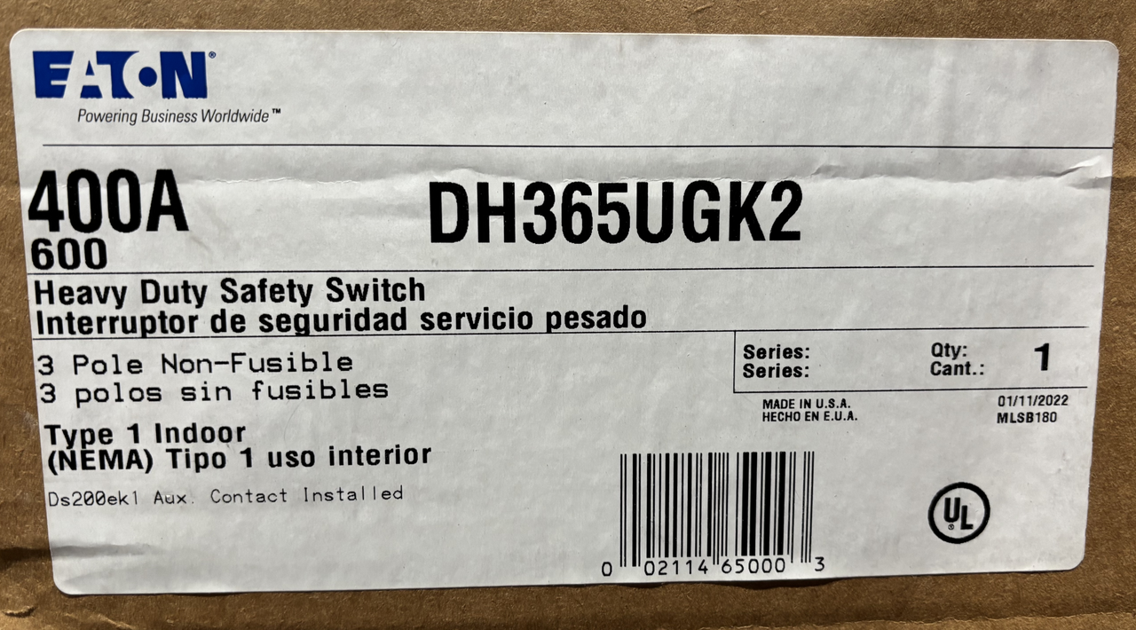 Eaton DH365UGK2 Disconnect 400A 600V 3P 3W NEMA 1 Single Throw Non-Fusible