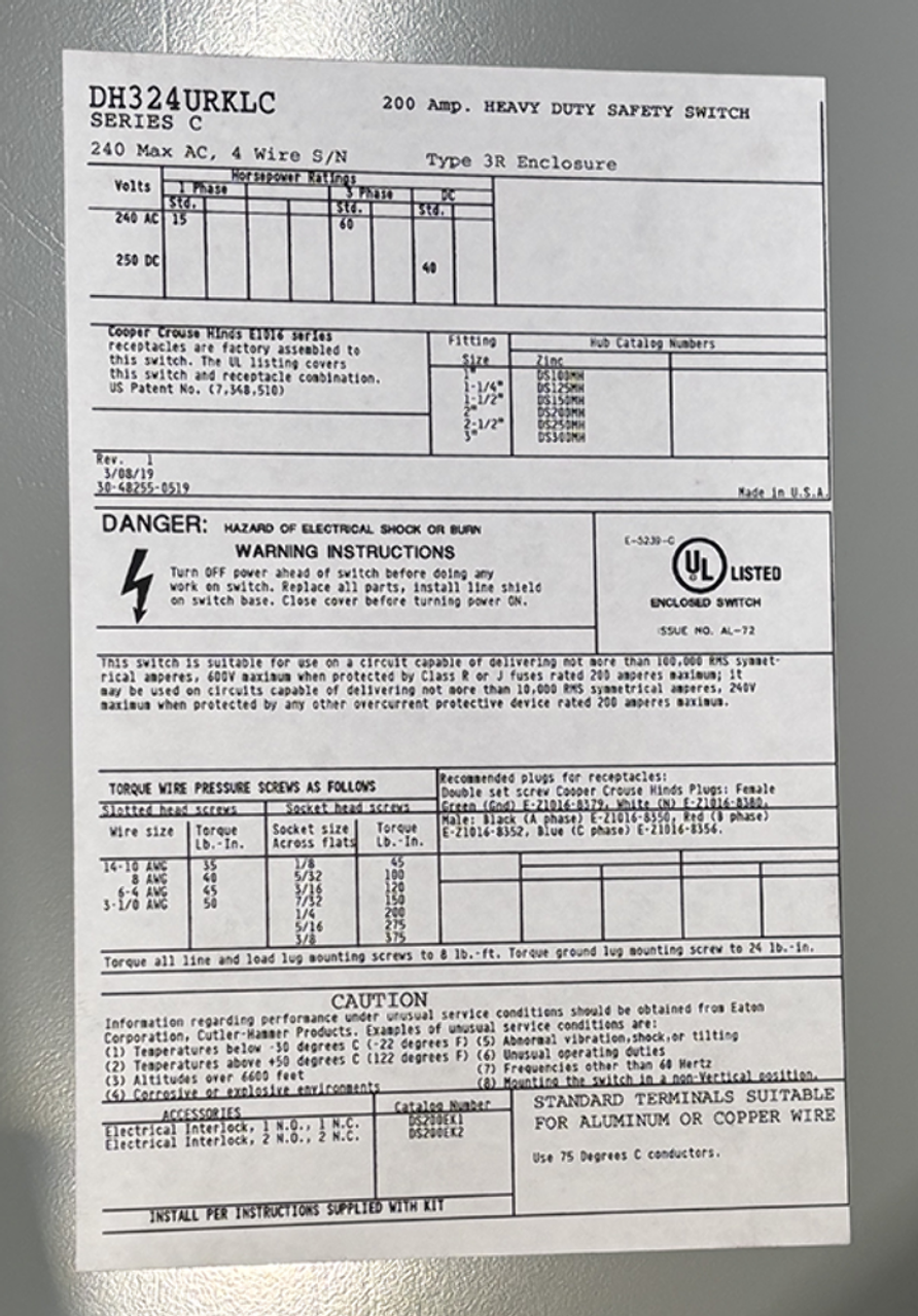 Eaton DH324URKLC Disconnect 200A 240V 3P NEMA 3R Non-Fusible Single-Throw CamLok