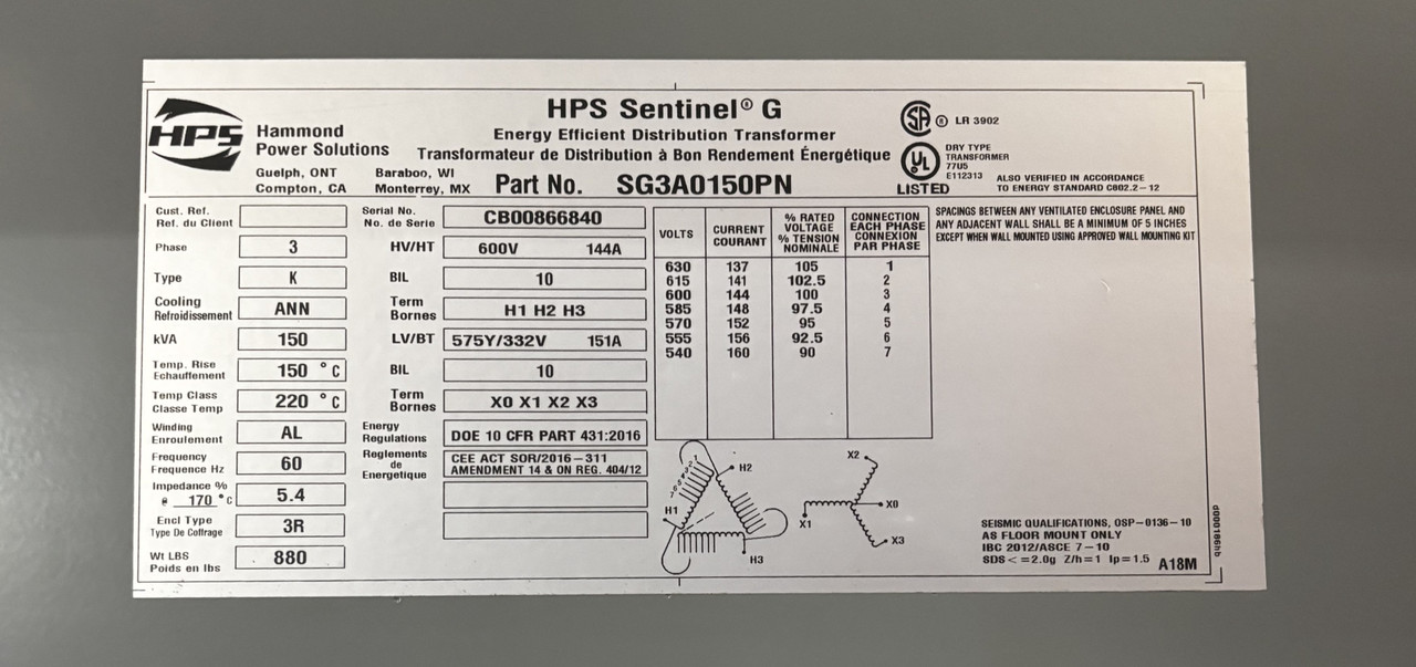 Hammond SG3A0150PN Transformer | 150kVA | 3 Phase | 600V Primary |  575Y/332V Secondary | Dry Type | Energy Efficient | HPS Sentinel G