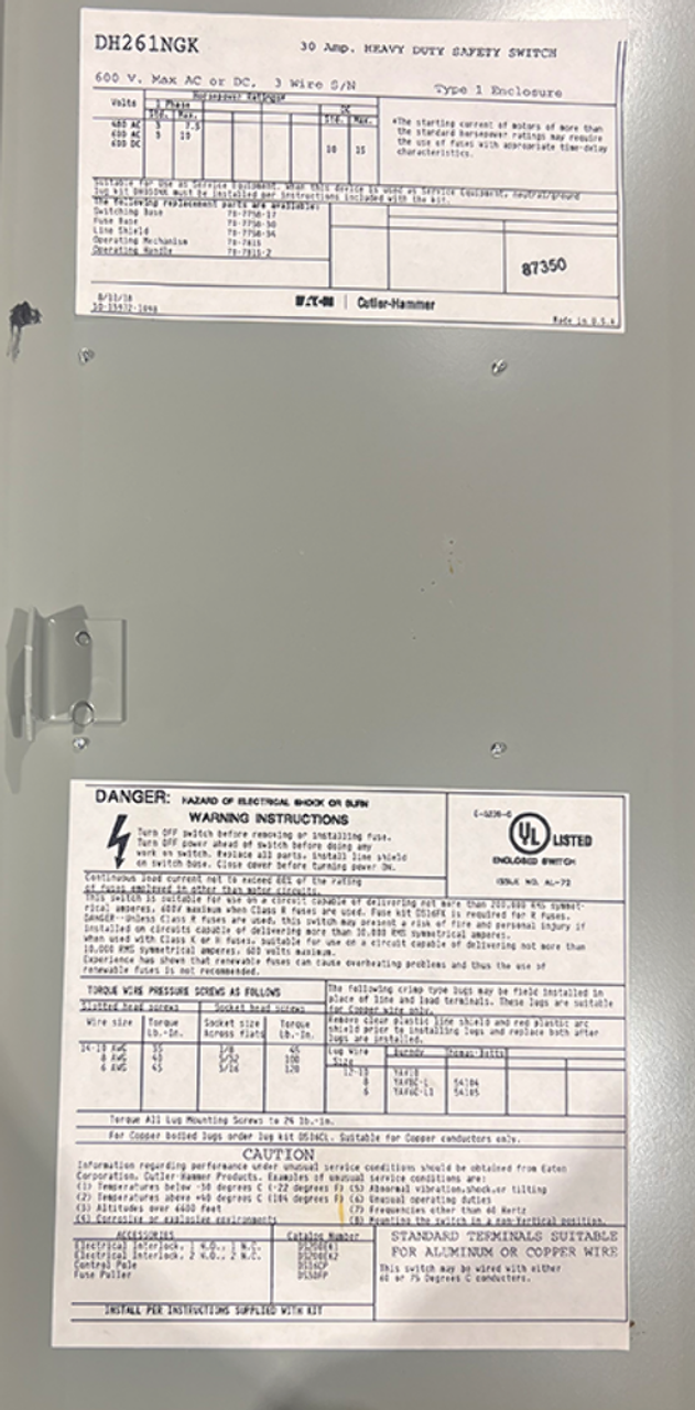 Eaton DH261NGK Heavy Duty Safety Switch 30A 600V 2P NEMA 1 3 Wire S/N Fusible