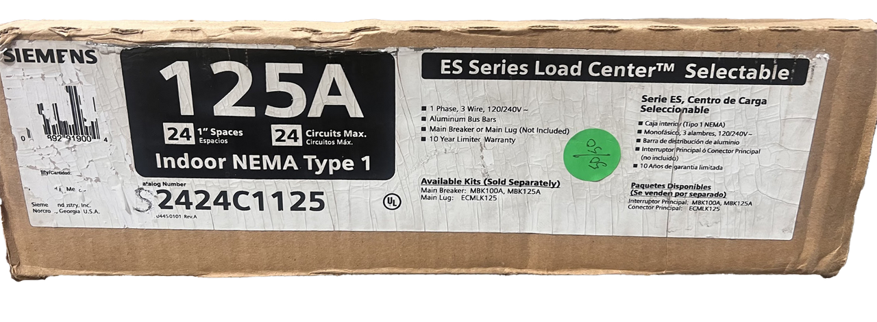 Siemens S2424C1125 Main Breaker or Main Lug Loadcenter – 125A, 120/240V, 1PH, 3W, 24 Spaces, Aluminum Bus, NEMA 1, ES Series