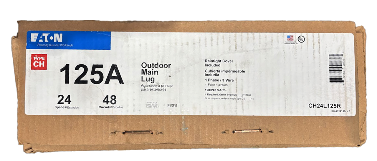 Eaton CH24L125R Main Lug Load Center 125A 120/240V 1PH 3W 24 Cir 24 Sp NEMA 3R