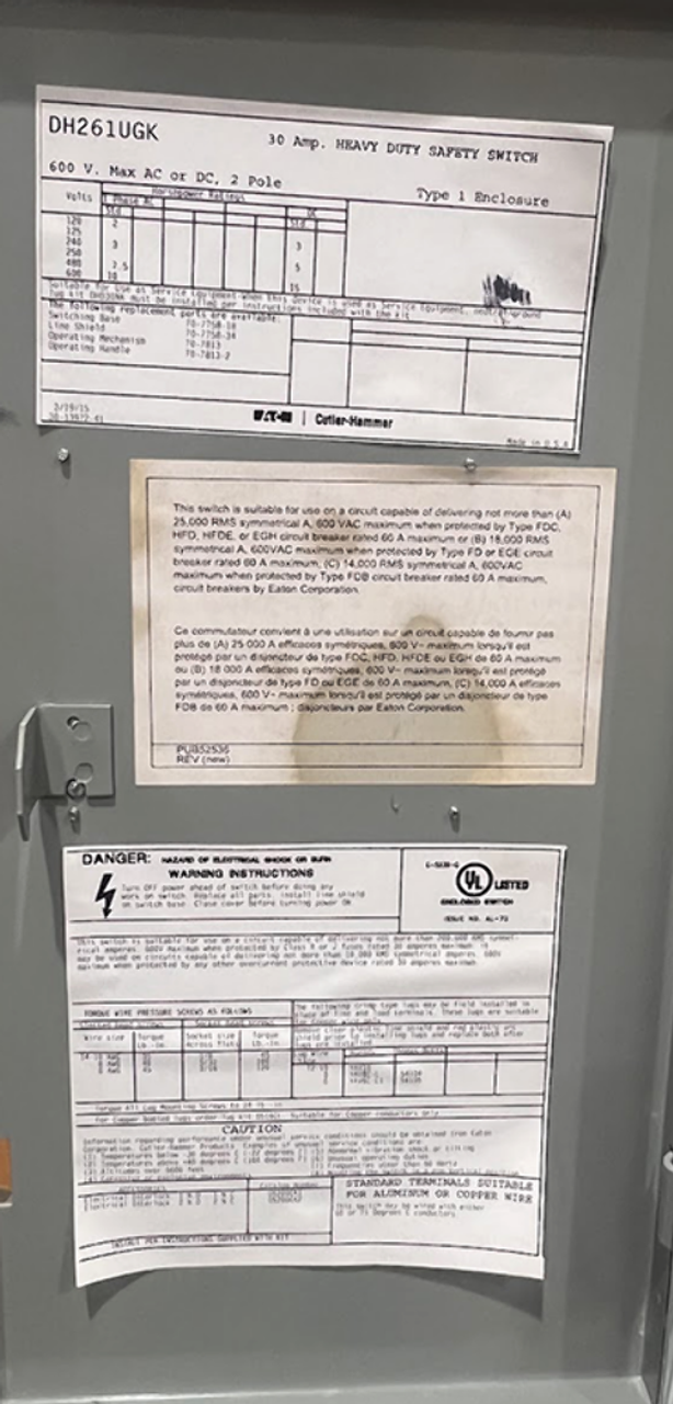 Eaton DH261UGK Non-Fusible Disconnect Heavy Duty 30A 600V NEMA 1 2P 1Ph