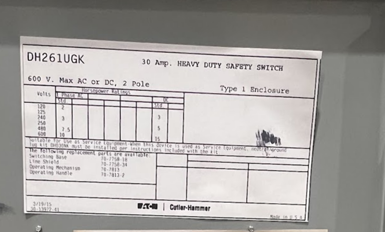 Eaton DH261UGK Non-Fusible Disconnect Heavy Duty 30A 600V NEMA 1 2P 1Ph 2W