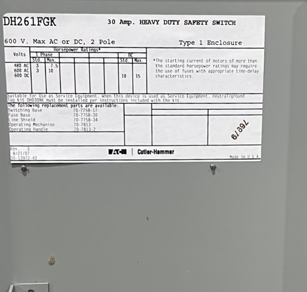 Eaton DH261FGK Fusible Disconnect Heavy Duty 30A 600V NEMA 1 2P 1Ph 2W