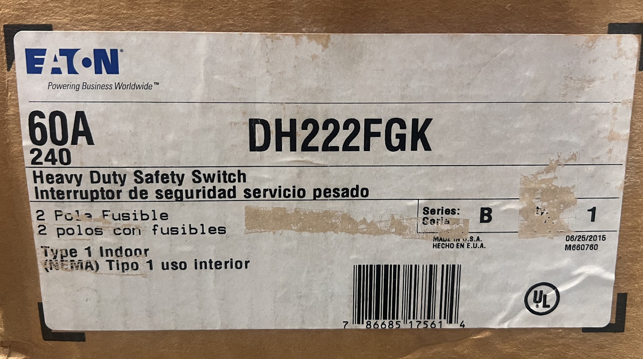 Eaton DH222FGK Fusible Disconnect Heavy Duty 60A 240V NEMA 1 2P 1Ph