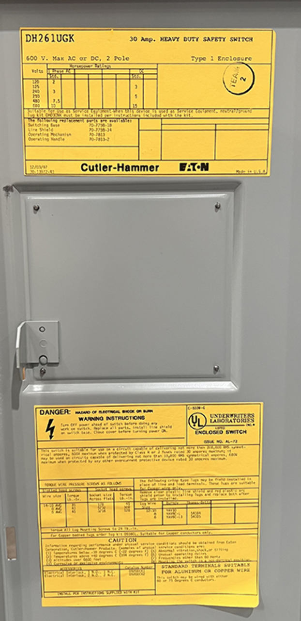 Cutler Hammer DH261UGK Non-Fusible Disconnect Heavy Duty 30A 600V NEMA 1 2P 1Ph 2W