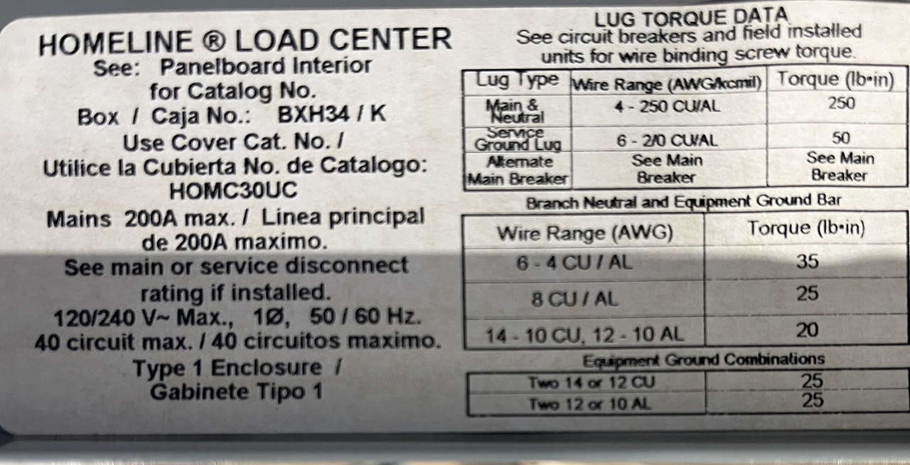 Square D HOM3040M200TC Main Breaker Load Center 200A 120/240V 1PH 3W NEMA 1 30SP 40CR  AL Bus Bar