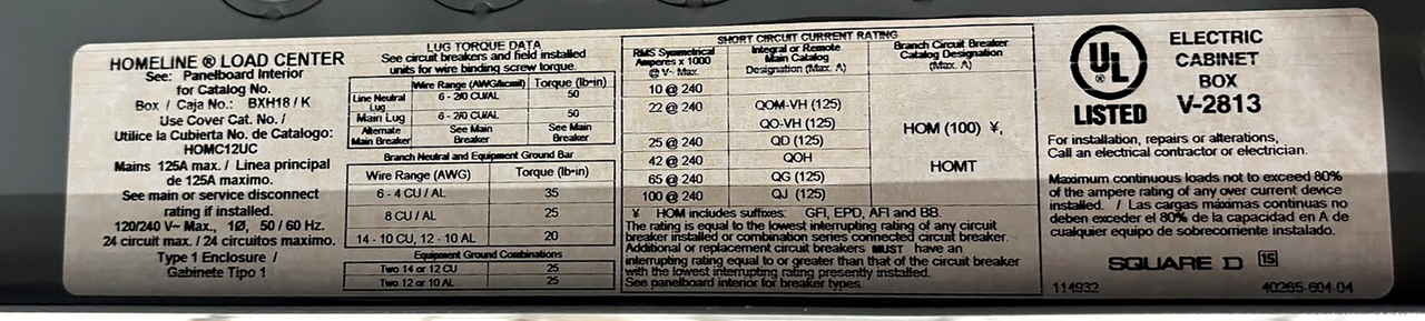 Square  D HOM1224M125TC Main Lug Load Center 125A 120/240V 1PH NEMA1 12 Sp 24 Cir