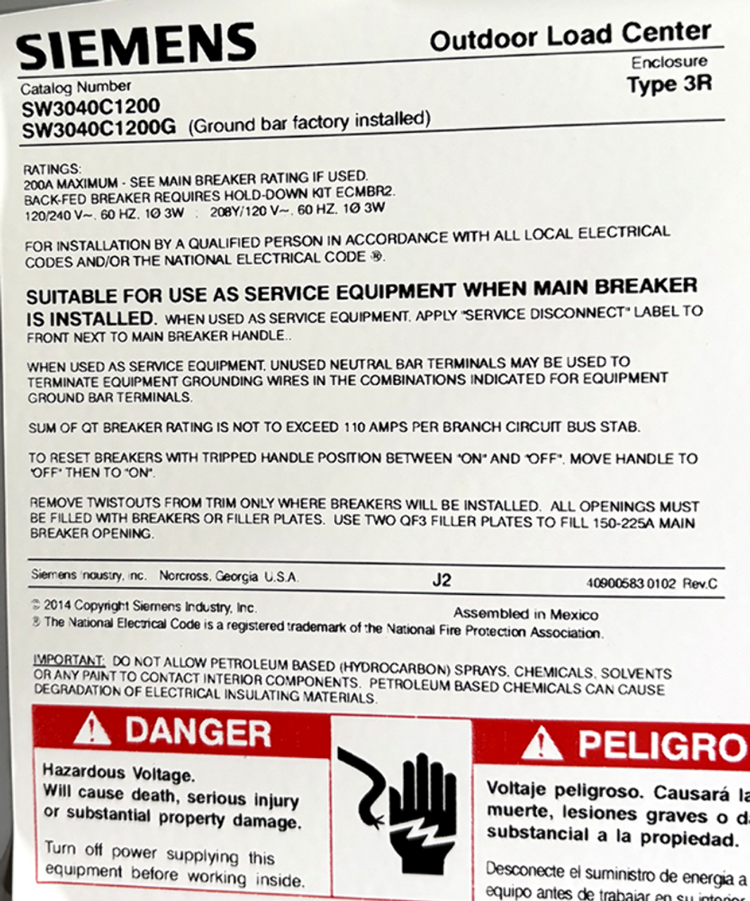 Siemens SW3040C1200 Load Center 200A 120/240V 1PH 3W NEMA 3R 30SP 40CR AL Bus Bar