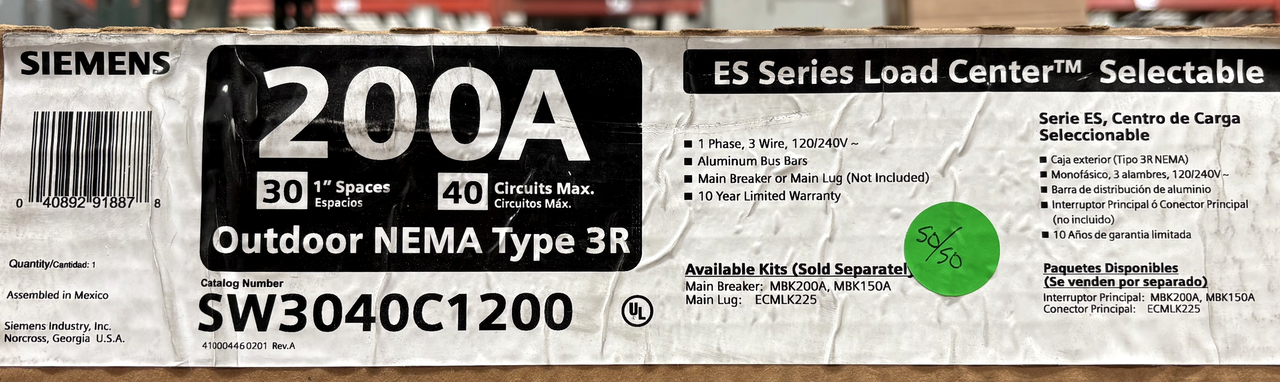 Siemens SW3040C1200 Load Center 200A 120/240V 1PH 3W NEMA 3R 30SP 40CR AL Bus Bar