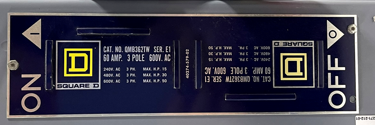 Square D QMB362TW Fusible Disconnnect 60/60A 600V 3P 3PH Twin Switch Unit