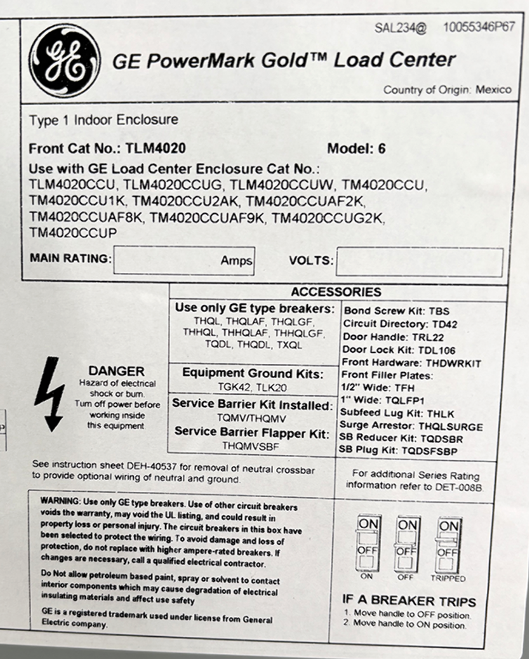 General Electric TLM4020CCU Main Lug Load Center 200A 120/240V 1PH 3W NEMA 1 40SP 40CR CU Bus Surface Mount
