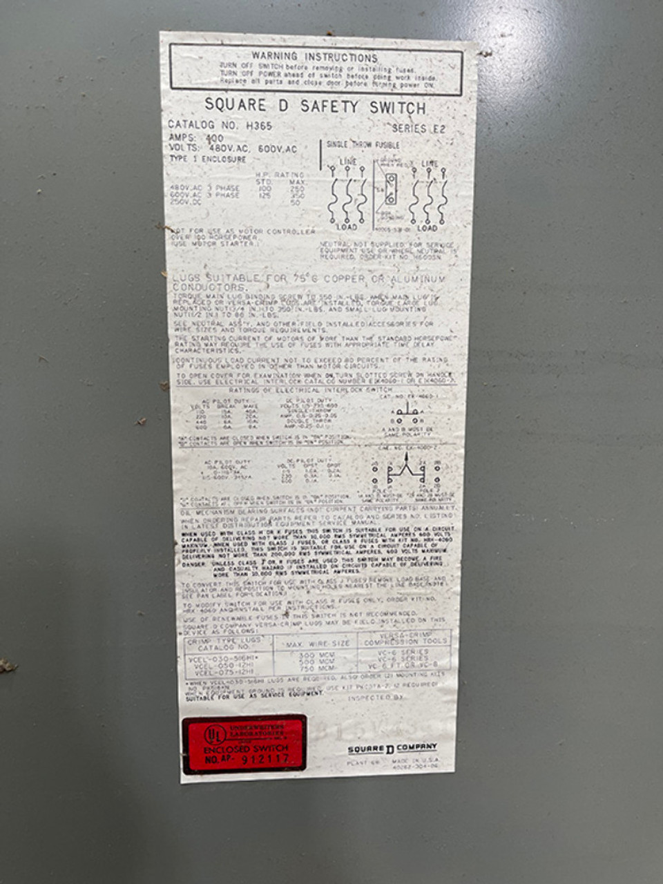 Square D H365 Fusible Safety Switch 400A 600VAC 3Ph Series E2 NEMA 1