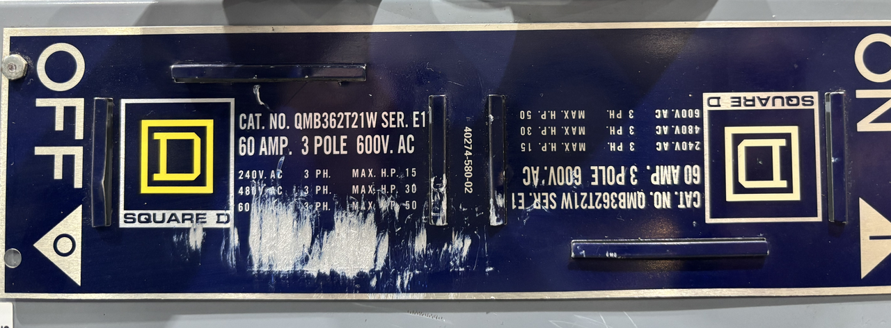 Square D QMB362T21W Fusible Disconnnect 60A-30A 600V 3P 3PH NEMA KS1 Fuse Type R 2 Modules