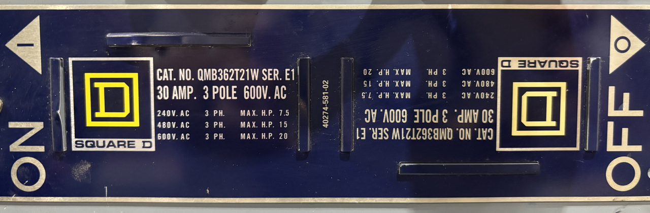 Square D QMB362T21W Fusible Disconnnect 60A-30A 600V 3P 3PH NEMA KS1 Fuse Type R 2 Modules
