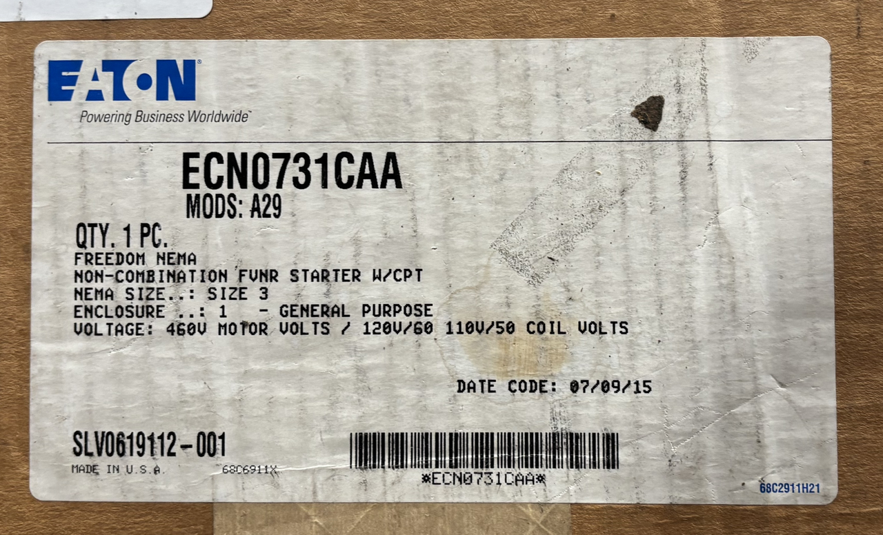 Eaton ECN0731CAA Non-Combination FVNR Starter 3PH NEMA Size 3 460 Motor:460V Coil: 120/110V W/Control Power Transformer