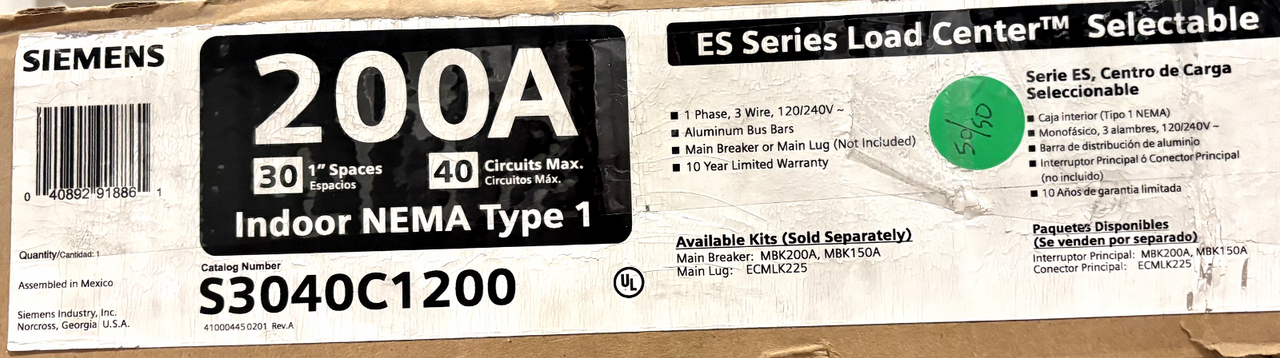 Siemens S3040C1200 Convertible Load Center 200A 120/240V 1PH 3W NEMA 1 30SP 40CR AL Bus Bar
