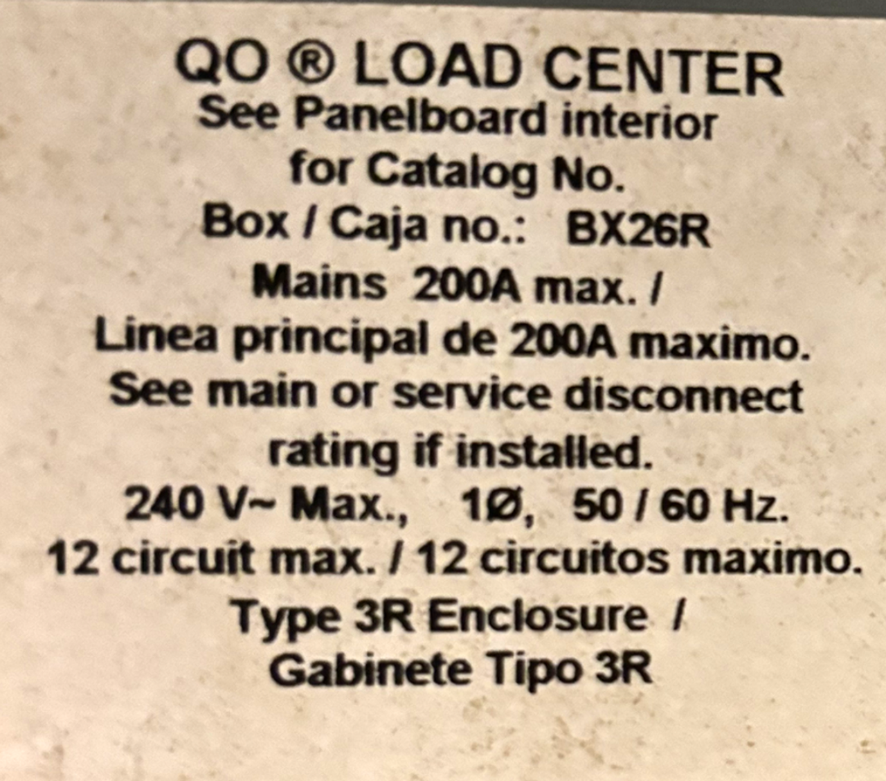 Square D QO112L200GRB Load Center Main Lug 200A 120/240V 1PH 3W NEMA 3R 12SP 12CR CU Bus