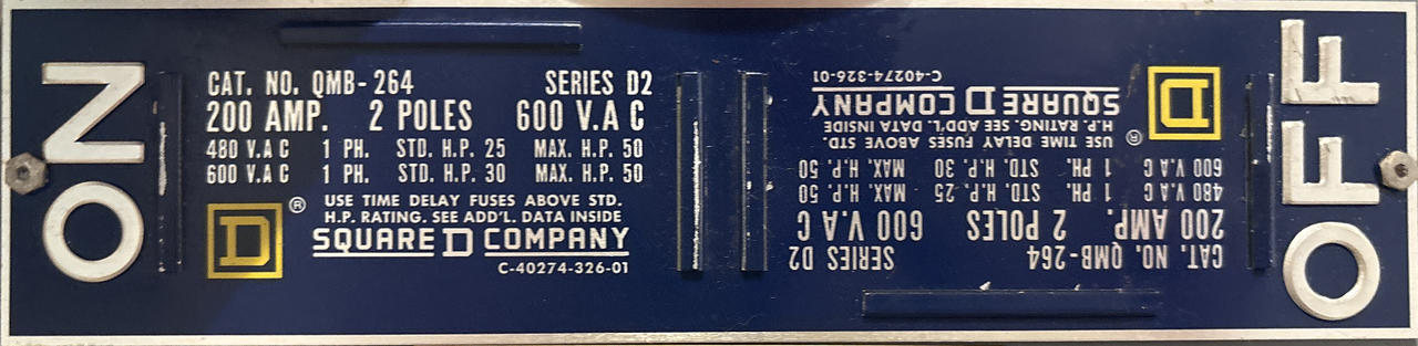 Square D QMB-264 Fusible Disconnect 200A 600V 2P 1PH Series D2