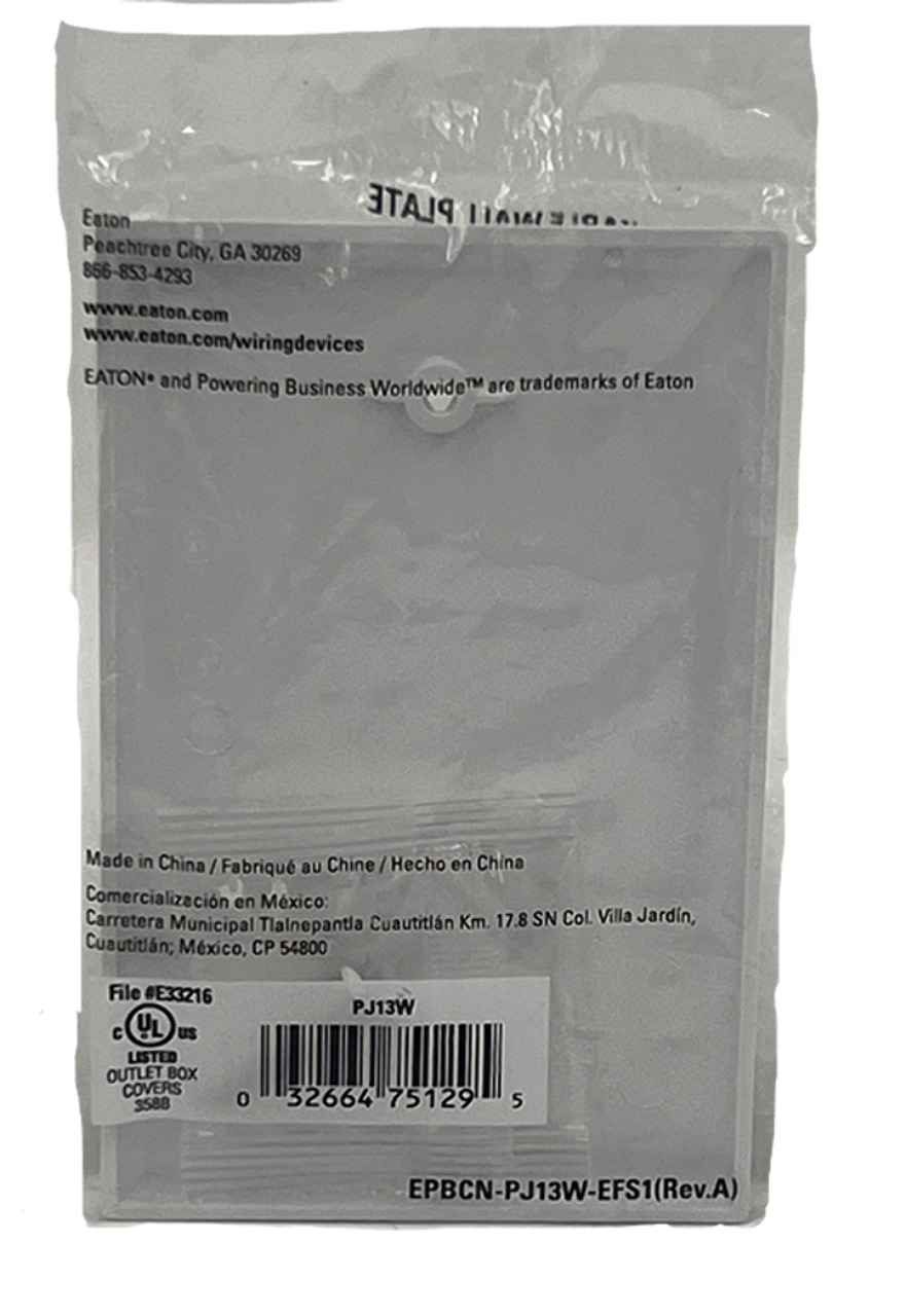 Eaton PJ13W Wallplate 1 Gang Blank Box Mount Polycarbonate Mid-size White