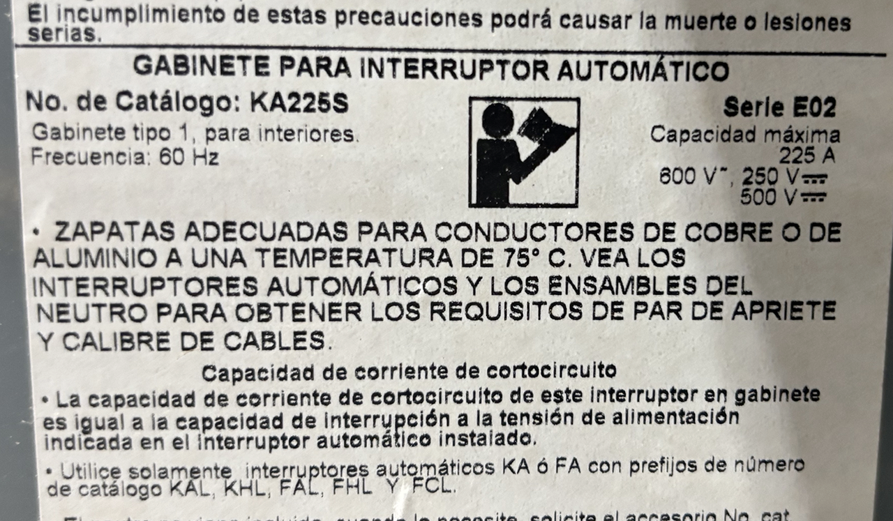 Square D KA225S Breaker Enclosure 70A-225A NEMA 1 Surface Mount 12.38X5.38X28.5