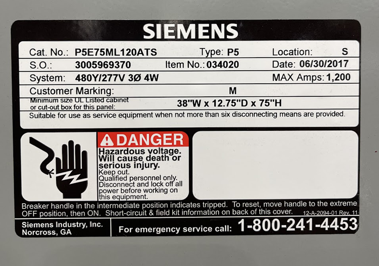 Siemens P5E75ML120ATS Main Lug Load Center 1200A 480V 3PH 4W NEMA 1 75 Spaces